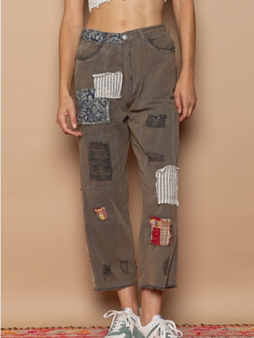 NWOT-POL Patchwork Olive Green Denim Women's Pants-Size Small